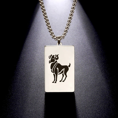 Men's 12 Zodiac Signs Pendant Necklace with Box Chain, Ancient Greek Style, Stainless Steel, Fade-Resistant, Zodiac Astrology Gift, 60cm Long; Metal Color: Parallel Import
