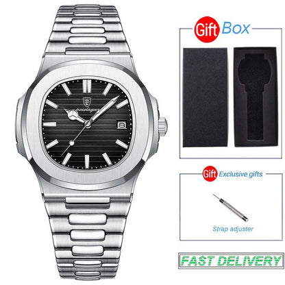 POEDAGAR Stainless Steel Men's Watch, Waterproof, Business Style, with Calendar, Quartz Movement, Luxury Laminated Square Design, Parallel Import