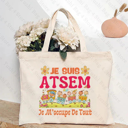 ATSEM フランス語 プレゼント トートバッグ - 教育アシスタント・保育プロフェッショナル向け コンパクトショッピングバッグ 女性用ショルダーバッグ カラー 並行輸入品