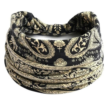 New Boho Floral Print Wide Headband with Vintage Knot Elastic Turban Headwrap for Women and Girls, Cotton Soft Bandana Hair Accessory, Parallel Import