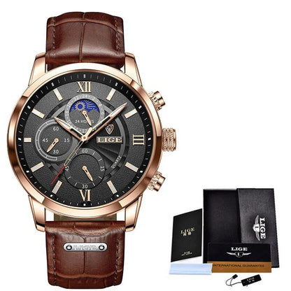 LIGE Men's Watch, Top Brand, Luxury Leather Quartz Movement, Waterproof Sport Watch, Color: Parallel Import