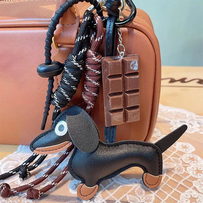 ビンテージ ダックスフント キーホルダー 犬 ペット アクセサリー チョコレートカラー 編みロープ キーリング バッグチャーム 色： 並行輸入品