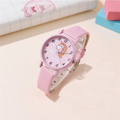 Cute Pink Unicorn Kids' Character Watch with PU Leather Band (Parallel Import)