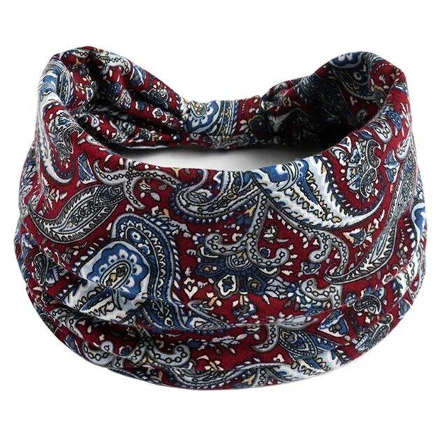 New Boho Floral Print Wide Headband with Vintage Knot Elastic Turban Headwrap for Women and Girls, Cotton Soft Bandana Hair Accessory, Parallel Import