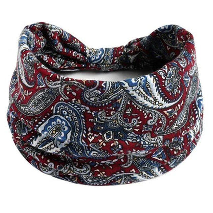 New Boho Floral Print Wide Headband with Vintage Knot Elastic Turban Headwrap for Women and Girls, Cotton Soft Bandana Hair Accessory, Parallel Import