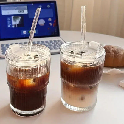 Set of 1/2 450ml Striped Glasses, Clear Glass with Lid, for Iced Coffee, Tea, Juice, Milk, or Drinkware, with Straws, Color: Black; Capacity: 401-500ml, Parallel Import