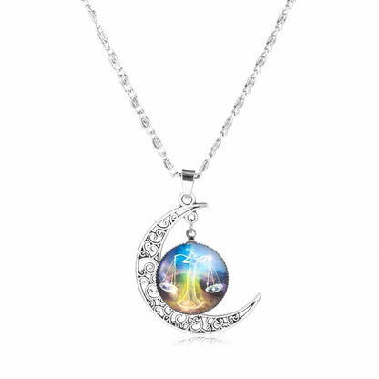 12 Zodiac Signs Glass Dome Crescent Moon Necklace for Women, Stylish Party Jewelry (Compatible with Aries, Taurus, Cancer, Aquarius, and Pisces), Metal Color, Parallel Import