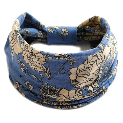 New Boho Floral Print Wide Headband with Vintage Knot Elastic Turban Headwrap for Women and Girls, Cotton Soft Bandana Hair Accessory, Parallel Import