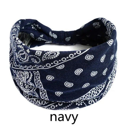 New Boho Floral Print Wide Headband with Vintage Knot Elastic Turban Headwrap for Women and Girls, Cotton Soft Bandana Hair Accessory, Parallel Import