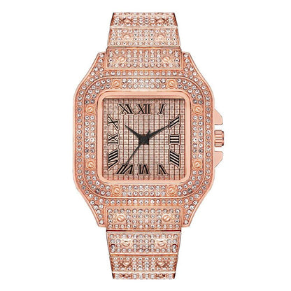 Luxury Classic Business Men's Watch with Steel Band, Square Shape, Roman Numerals, Rhinestones, Quartz Movement; Ships from: Parallel Import