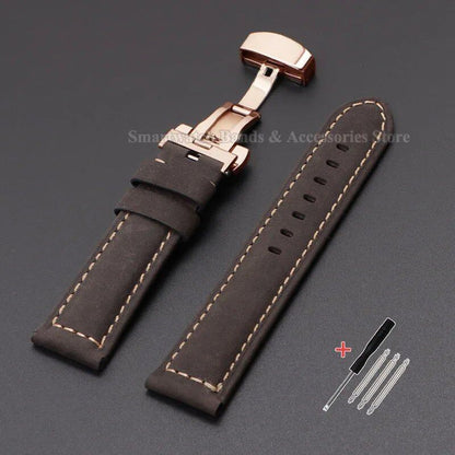 Vintage-style calf leather strap for Panerai and Seiko watches in sizes 20mm, 22mm, 24mm, and 26mm. Features a metal butterfly clasp. Band color: mm. Parallel import.