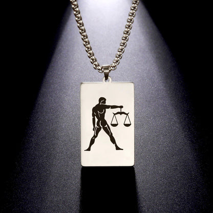 Men's 12 Zodiac Signs Pendant Necklace with Box Chain, Ancient Greek Style, Stainless Steel, Fade-Resistant, Zodiac Astrology Gift, 60cm Long; Metal Color: Parallel Import