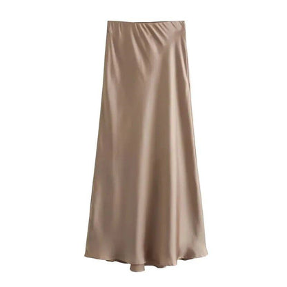 TRAF Women's 2024 High-Waisted Satin Skirt, Long, Summer, Black, Midi Length, Office, Elegant, Size: Parallel Import