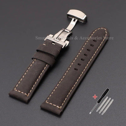 Vintage-style calf leather strap for Panerai and Seiko watches in sizes 20mm, 22mm, 24mm, and 26mm. Features a metal butterfly clasp. Band color: mm. Parallel import.