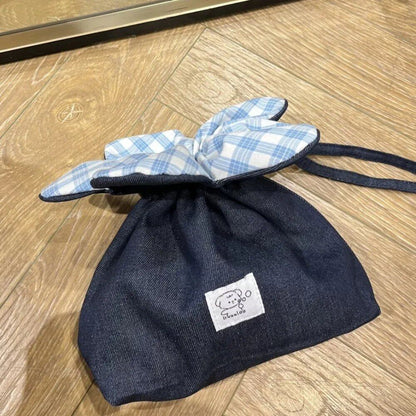 文学調チェック柄フラワー巾着 かわいい布小物収納ポケット 携帯便利 小型クロスボディバッグ ショッピングバッグ  並行輸入品