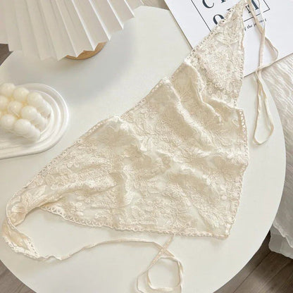 New Lace Triangle Bandana Headscarf, Beige, French Farm Style, Girly Korean Style, Instagrammable, Lace-Up Hairband, Top Cap, Size: One Size Fits Most; Color: Parallel Import
