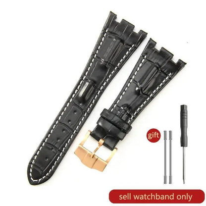 Sweat-resistant cowhide leather watch strap with folding buckle for AP Royal Oak Offshore models 15710, 15703, 15706, 26470, 26170, 26133, 26471, and 26474. Band Color: Brown; Band Width: 28mm. Imported.