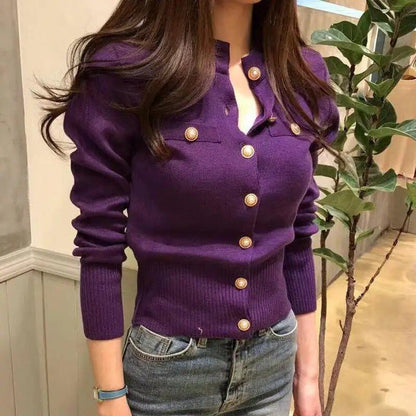 Autumn Women's Long Sleeve Knit Cardigan, Short Length, Casual, Single-Breasted, Korean Style, Slim Fit, Stylish Top, Size: One Size Fits Most; Parallel Import