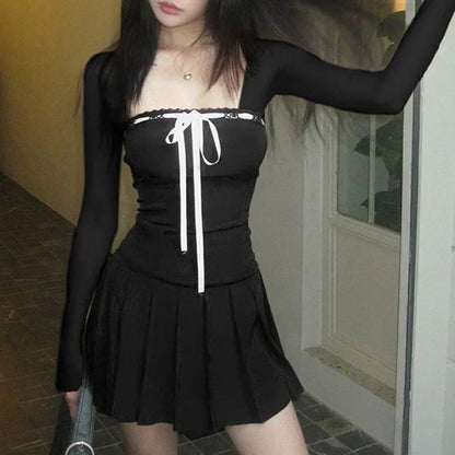 Women's Sweet Lace-Trim Bow Pleated Dress, Mini, Coquette Style, Korean Fashion, Square Neck, Fall, Cute, Lolita Style, Size: ; Color: Black, Long Sleeves, Parallel Import