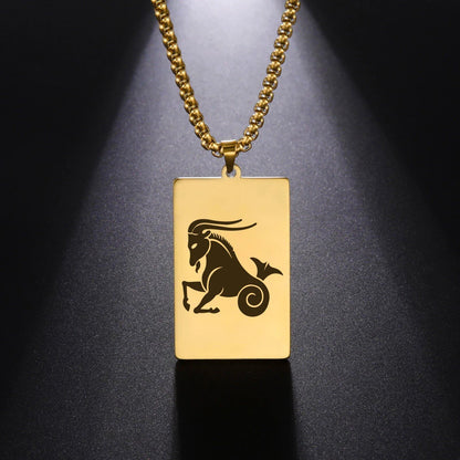 Men's 12 Zodiac Signs Pendant Necklace with Box Chain, Ancient Greek Style, Stainless Steel, Fade-Resistant, Zodiac Astrology Gift, 60cm Long; Metal Color: Parallel Import