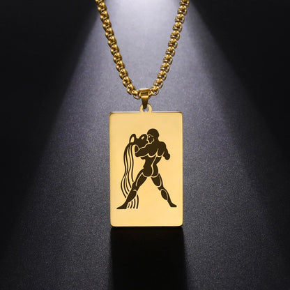 Men's 12 Zodiac Signs Pendant Necklace with Box Chain, Ancient Greek Style, Stainless Steel, Fade-Resistant, Zodiac Astrology Gift, 60cm Long; Metal Color: Parallel Import