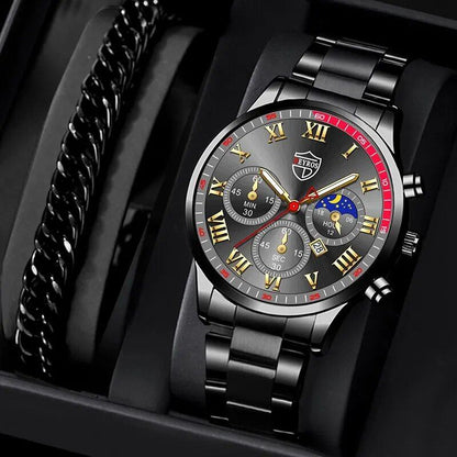 Set of 2 Men's Luxury Stainless Steel Quartz Watches with Calendar, Light-Up Chronograph Bracelet Watches, Black, Parallel Import