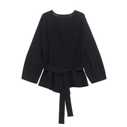 TRAFSHE Women's Spring Belted Knit Blazer with Shoulder Pads, Retro V-Neck, Long Sleeves, Multi-Coat, Size 9598/128, Parallel Import