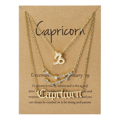 Set of 3 Women's 12 Zodiac Sign Necklaces with Pendant Chains, Chokers, Birthday Jewelry, Cardboard Cards, 45cm Long; Metal Color: 6252, Parallel Import