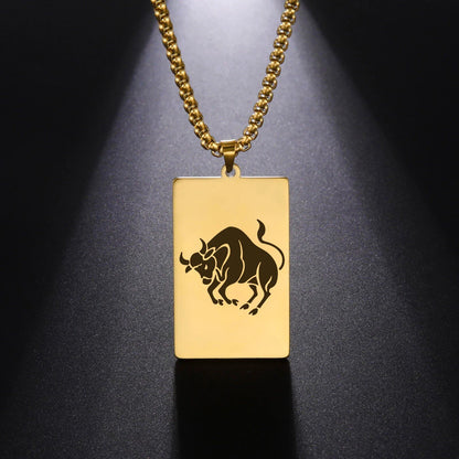 Men's 12 Zodiac Signs Pendant Necklace with Box Chain, Ancient Greek Style, Stainless Steel, Fade-Resistant, Zodiac Astrology Gift, 60cm Long; Metal Color: Parallel Import