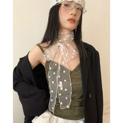 夏 新作 レースメッシュ ドット柄 スカーフ 女性用 軽量 かわいい リボン付き マルチネックアクセサリー  並行輸入品
