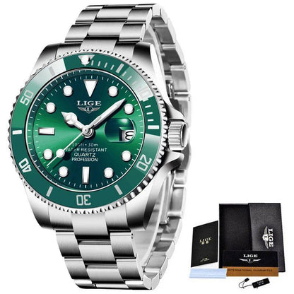LIGE Top Brand Luxury Men's Dive Watch, 30 ATM Water Resistant, Date Display, Quartz Movement, Relogio Masculino, Color: Parallel Import