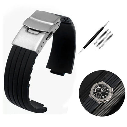 Silicone rubber watch band with striped design and convex ridges for Auris/Aquaris 7330/7740. Available in black and blue. Available in 22x12mm, 24x11mm, and 24x12mm. Ships from: Parallel import.