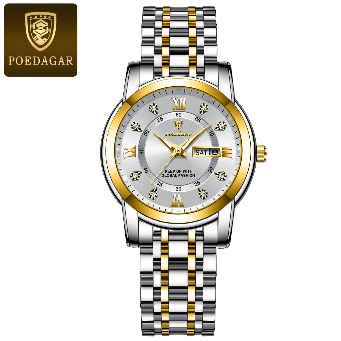 POEDAGAR Luxury Women's Watch, Waterproof, Luminous, Date and Day Display, Stainless Steel, Elegant Dress Quartz Movement, Color: 769 S, Parallel Import