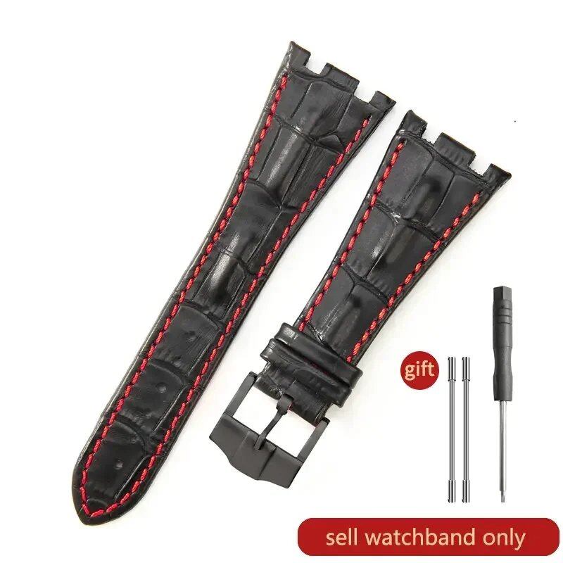 Sweat-resistant cowhide leather watch strap with folding buckle for AP Royal Oak Offshore models 15710, 15703, 15706, 26470, 26170, 26133, 26471, and 26474. Band Color: Brown; Band Width: 28mm. Imported.