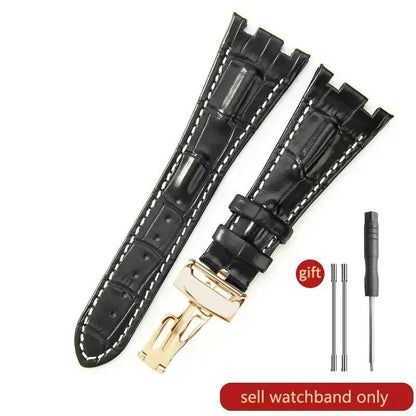 Sweat-resistant cowhide leather watch strap with folding buckle for AP Royal Oak Offshore models 15710, 15703, 15706, 26470, 26170, 26133, 26471, and 26474. Band Color: Brown; Band Width: 28mm. Imported.