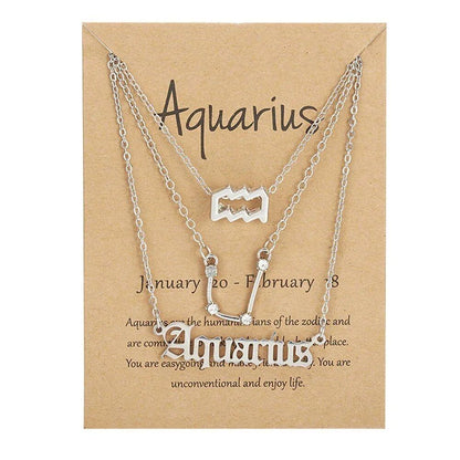 Set of 3 Women's 12 Zodiac Sign Necklaces with Pendant Chains, Chokers, Birthday Jewelry, Cardboard Cards, 45cm Long; Metal Color: 6252, Parallel Import