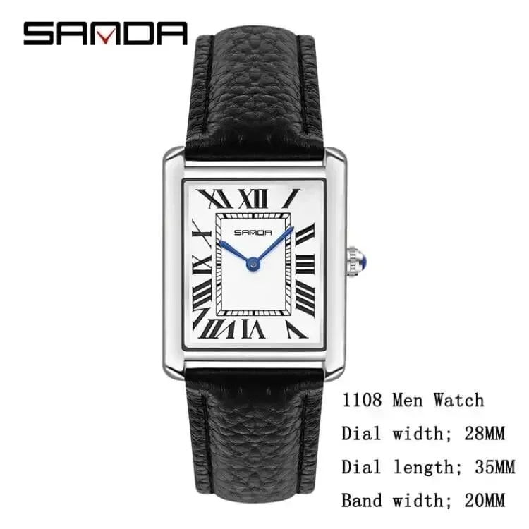 SANDA 1108 Square Dial Waterproof Sport Casual Luxury Couple Watch for Men and Women, Scratch-Resistant Leather Quartz Movement, 9031 Color: Cannot be customized, Parallel Import
