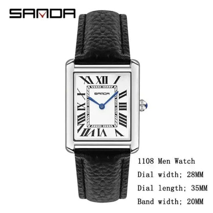 SANDA 1108 Square Dial Waterproof Sport Casual Luxury Couple Watch for Men and Women, Scratch-Resistant Leather Quartz Movement, 9031 Color: Cannot be customized, Parallel Import
