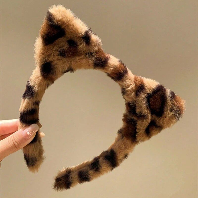1/2-Piece Faux Fur Headwear Leopard Print Hair Accessory Hair Hoop for Washing Your Face Plush Hairband with Cat Ears for Parties (Parallel Import)