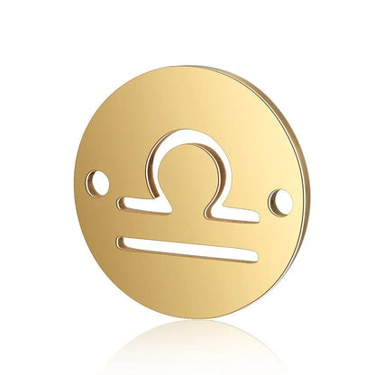 Set of 10 12mm Gold-Colored Round Zodiac Charms, 12 Zodiac Signs, 2-Hole DIY Bracelet Chain Connectors, Metal Color, Parallel Import