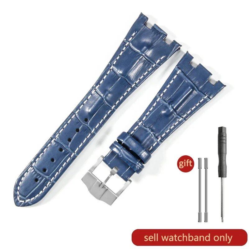 Sweat-resistant cowhide leather watch strap with folding buckle for AP Royal Oak Offshore models 15710, 15703, 15706, 26470, 26170, 26133, 26471, and 26474. Band Color: Brown; Band Width: 28mm. Imported.
