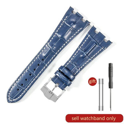 Sweat-resistant cowhide leather watch strap with folding buckle for AP Royal Oak Offshore models 15710, 15703, 15706, 26470, 26170, 26133, 26471, and 26474. Band Color: Brown; Band Width: 28mm. Imported.