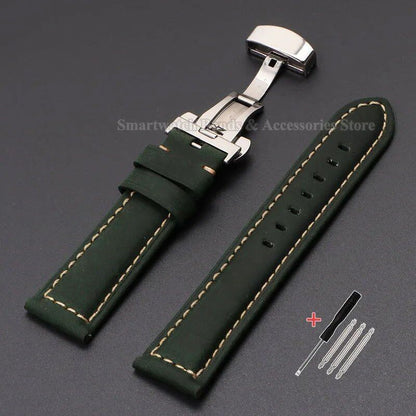 Vintage-style calf leather strap for Panerai and Seiko watches in sizes 20mm, 22mm, 24mm, and 26mm. Features a metal butterfly clasp. Band color: mm. Parallel import.