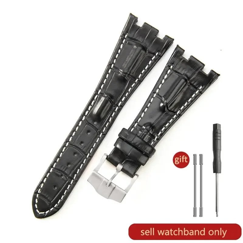 Sweat-resistant cowhide leather watch strap with folding buckle for AP Royal Oak Offshore models 15710, 15703, 15706, 26470, 26170, 26133, 26471, and 26474. Band Color: Brown; Band Width: 28mm. Imported.