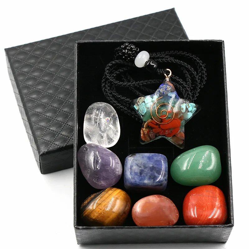 7 Chakra Natural Healing Crystal Stone Crescent Moon Orgone Energy Pendant Necklace with Spiritual Quartz and Tumbled Gemstone, Metal Color: Parallel Import