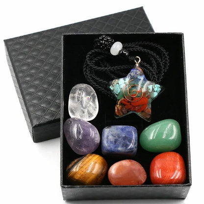 7 Chakra Natural Healing Crystal Stone Crescent Moon Orgone Energy Pendant Necklace with Spiritual Quartz and Tumbled Gemstone, Metal Color: Parallel Import