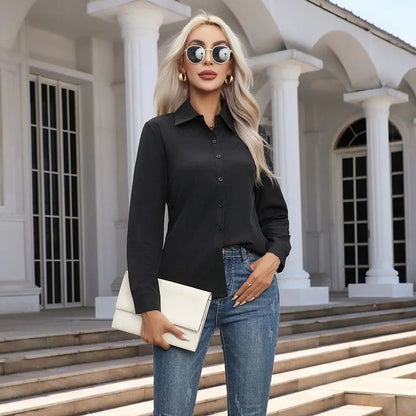 [Clearance] Women's Spring/Autumn Style Blouse Shirt, Casual, Long Sleeve, Turn-Down Collar, Solid Color, Size: Parallel Import