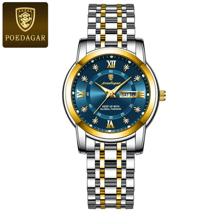 POEDAGAR Luxury Women's Watch, Waterproof, Luminous, Date and Day Display, Stainless Steel, Elegant Dress Quartz Movement, Color: 769 S, Parallel Import