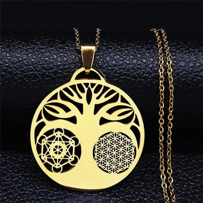 Yoga Flower of Life Buddhist Amulet Necklace, Stainless Steel, Spiritual Medal, Tree of Life Jewelry, Fleur de Vie, N3091, Metal Color: 50cm, Parallel Import