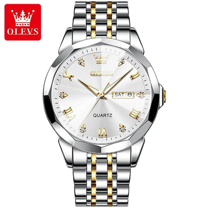 OLEVS Men's Diamond-Cut Dial Quartz Watch, Waterproof, Luminous Stainless Steel, Date and Day Display, Color: Men's; Customization Unavailable, Parallel Import